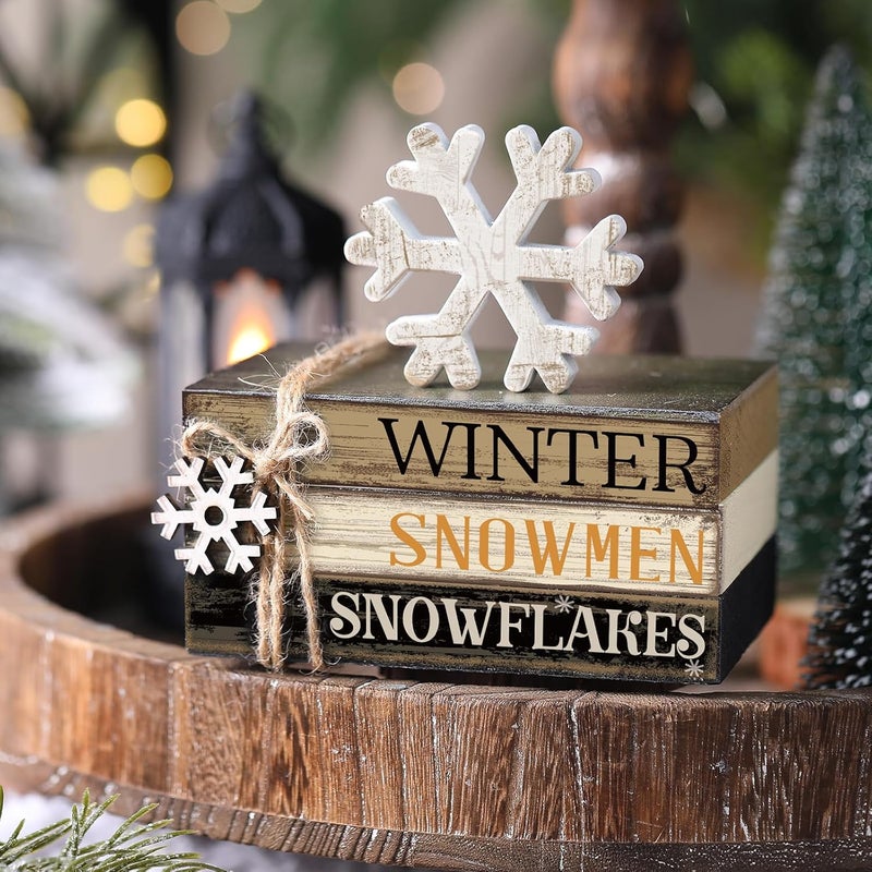 Anglechic 4 Pcs Winter Table Decorations Snowmmen Tiered Tray Decorations Christmas Mini Snowflake Wooden Books Signs for Office Shelf Classroom Tabletop Bookshelf - Image 3